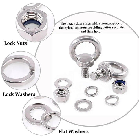 Heavy Duty M14 Eye Bolt Set In 304 Stainless Steel With Lock Nuts, Lock Washers, And Flat Washers For Lifting, Rigging, And Securing Projects