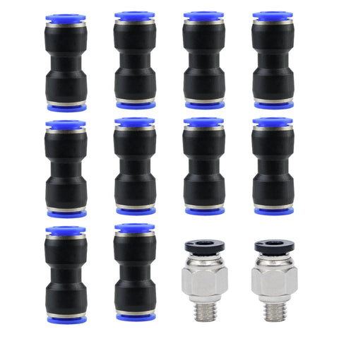 12-piece set: 10 PU4 tube fittings and 2 PC4-M6 straight fittings for 4mm PTFE tubes, black with blue caps