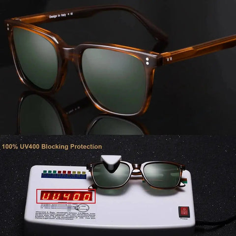 Polarized Mens Sunglasses For Driving And Fishing With Acetate Frames HD Anti Glare Lenses Square Frame Design Built For Outdoor Adventures UV Protection All Day Comfort For Everyday Street To Shore; sunglasses on display with UV400 protection.