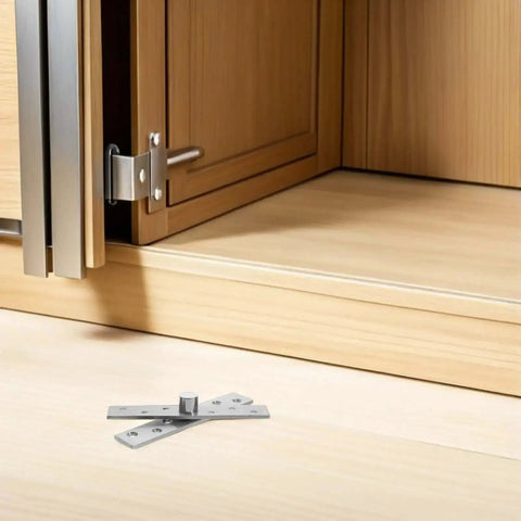 Six Pack 360 Degree Concealed Door Pivot Hinges For Wood Cabinets shown installed on wooden cabinet corner