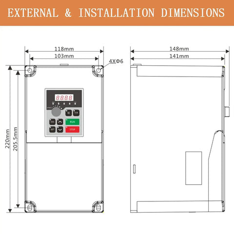 Diagram showing external installation dimensions of 5.5KW VFD Inverter For CNC Spindle Motor Converts Single Phase To 3 Phase 220V 25A