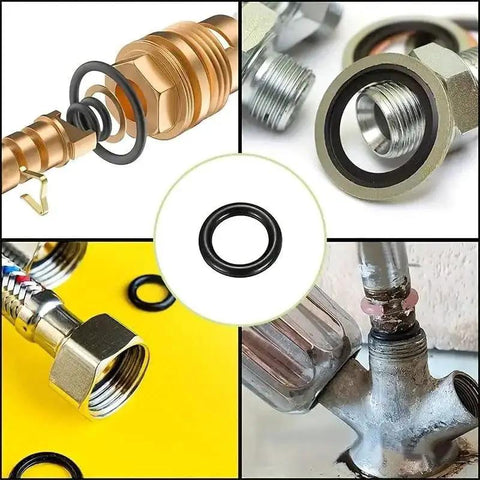 225 Piece O Ring Kit With 20 Size Rubber Seals For Pipe Valves And Mechanical Equipment, shown in various installation scenarios