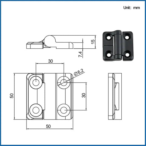 Front and side views of a black zinc-alloy torque hinge with stop for square damping hinges, 2.3 N·m.
