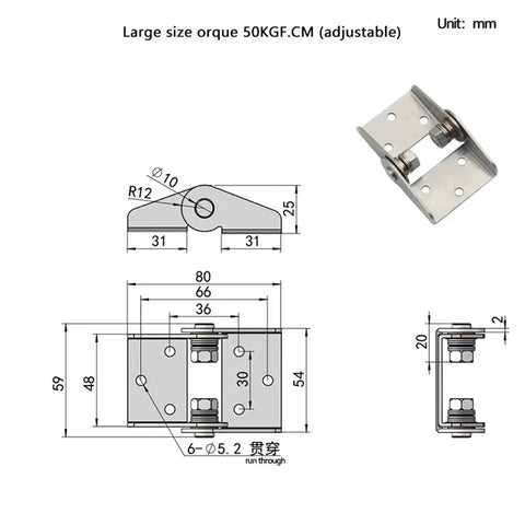 304 stainless steel high-torque damping hinge; adjustable free-stop; front engineering drawing and hinge photo.