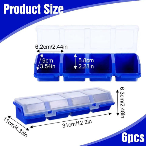 Six Piece Screw Organizer Box With Lids Slanted Opening For Easy Grab And Go Access Four Divider Compartments Locking Latches Handy Garage Toolbox Case For Nails Bolts Small Parts And Hardware shown open and closed with dimensions