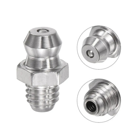 Close-up view of 304 Stainless Steel Grease Fittings Kit Built To Last 15 Pcs Heavy Duty with straight and angled M6x1mm threads.