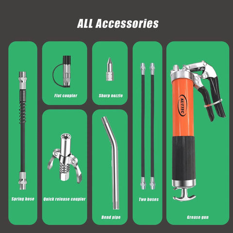 Pro Grade Heavy Duty 9000 PSI Grease Gun Kit With Quick Release Coupler, Leak Proof 14oz Canister, Includes Dual Hoses, Accessories