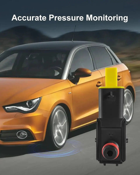 Close-up of brake booster pressure sensor with yellow plug; black housing, red seal for Audi/VW group vehicles