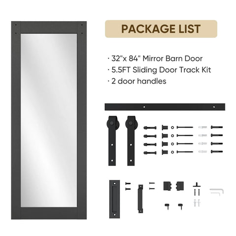 Black 32 Inch By 84 Inch Mirror Barn Door With Five Point Five Foot Sliding Hardware Kit Included No Assembly Required One Lite Full Length Solid Wood Waterproof PVC Surface, showing door and included hardware.