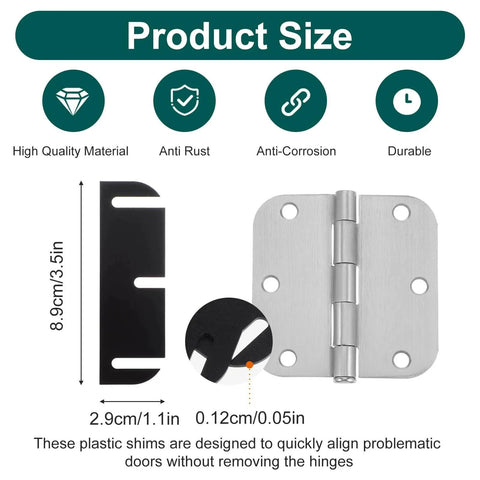 Door Hinge Shims Repair Kit, 10 Pcs 3.5 Inch Hinge Spacers for Door Alignment, black PC material with hinge size details.