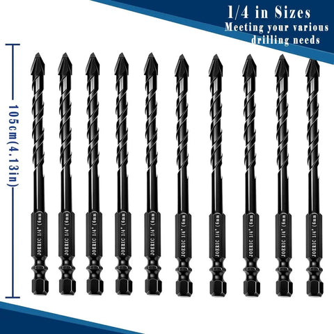 10 Piece One Quarter Inch Black Ceramic Tile Drill Bit Set With 6mm Shank Eccentric Head arranged vertically