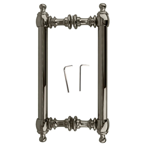 Polished Nickel 8 Inch Center-To-Center Colonial Style Back-To-Back Pull Handle With Brass Hardware Ergonomic Contoured Design For Double Door Installation Durable Construction Suitable For Cabinets Or Doors In Homes Hotels And Offices close-up view