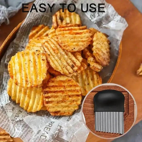 Stainless Steel Crinkle Cutter For Veggies And Potatoes Large Waffle Fry Slicer With Non Slip Ergonomic Handle Perfect For Restaurant Style Fries Wavy Veggie Chips Fruit Slices And Everyday Home Kitchen Prep 1 Pack shown with wavy potato slices