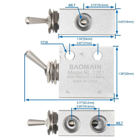 Hand Operated Pneumatic Knob Switch Valve Three Port Two Position Normally Closed With One Eighth Inch Thread, dimensions shown
