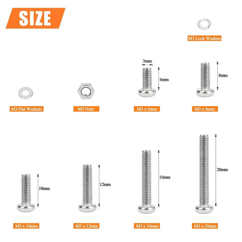 M3 Metric Phillips Pan Head Machine Screws Kit In Six Sizes 6mm 8mm 10mm 12mm 16mm 20mm With Hex Nuts Lock Washers Flat Washers 304 Stainless Steel