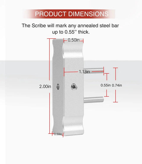 Side view of Aluminum Self Centering Scribe Doweling Jig, dimensions 2.00 x 1.13 inches, with stainless steel guides by SixCow.