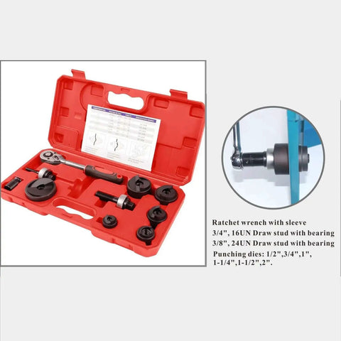 Heavy Duty Ratchet Knockout Hole Punch Driver Kit For Sheet Metal And Electrical Installations, red case with tools