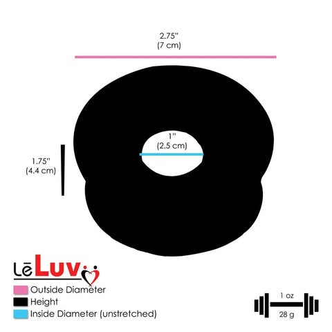 LeLuv vacuum pump diagram: black donut-shaped device with 2.75 inch outer diameter and 1 inch inner bore; LeLuv logo.
