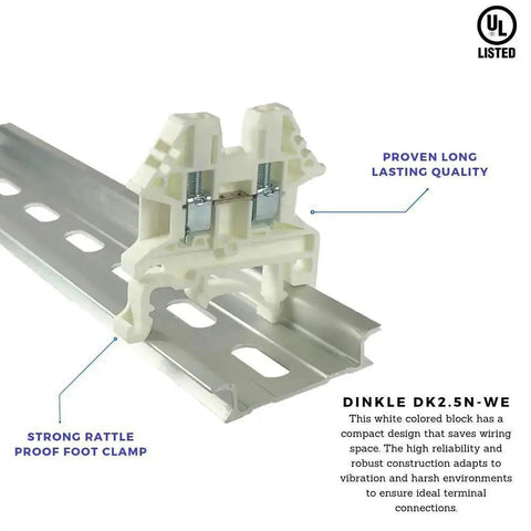 White DK2.5N-WE DIN Rail Terminal Block Screw Type 600V 20A 12-22AWG Pack Of 50 installed on metal rail, side view.
