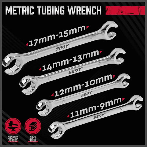 Four Piece Flare Nut Wrench Set With Offset Ends Metric Two Sizes Per Wrench 9 And 11 Millimeter 10 And 12 Millimeter display
