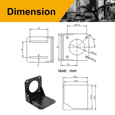 Technical drawing and image of Nema 23 Stepper Motor Mounting Bracket Set Two Pack Alloy Steel L Shaped Fixed Mounts For High Precision Geared Motors Includes Screws And Nuts 57mm Beefed Up Industrial Grade Mounting Solution For Stable Accurate Motion And Easy Assembly