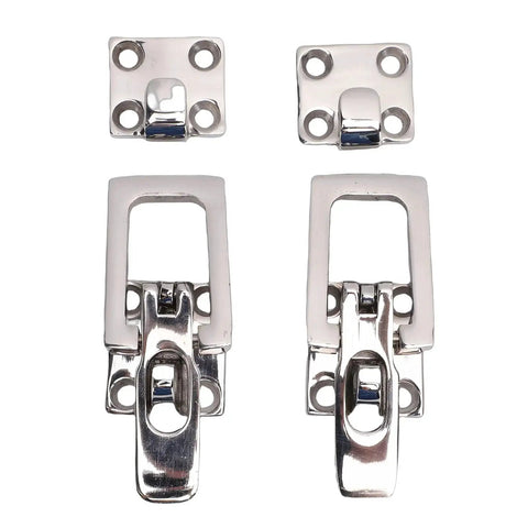 Set of four 316 stainless steel anti-rattle boat hatch latches; two square mounting plates and two hinged latches.
