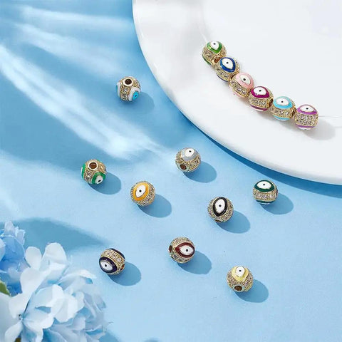 Evil Eye Brass Golden Cubic Zirconia Beads Set 15 Colors Round Spacer Beads for DIY Jewelry Bracelet Making 8.5x7.5mm 2mm Hole