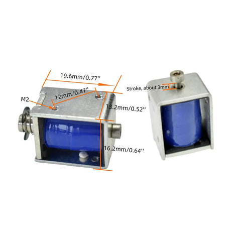 6 To 12V Micro Push Pull Solenoid Electromagnet With 3mm Stroke Open Frame Feed Through Design Showing Measurements and Features