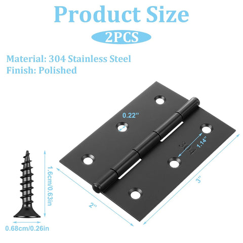 Two 3-inch stainless steel door hinges in black finish with 12 screws included
