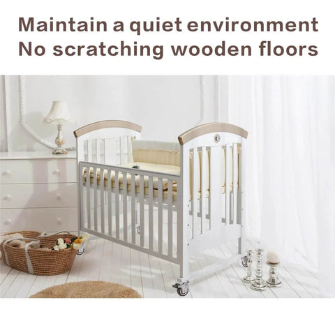 Crib with 2 Inch Non Marring Rubber Caster Wheels 4 Pack With Brakes in a nursery room