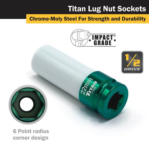 Beefy 1/2-Inch Drive 22-Millimeter Deep Lug Nut Socket, 6-Point Impact Grade, Non-Marring Core And Sleeve With Removable Outer Sleeve