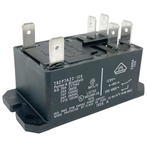 Six Pin 120VAC DPST NO Industrial Power Relay With 30A Contacts and 120V Coil Replacement for T92 Series, front view