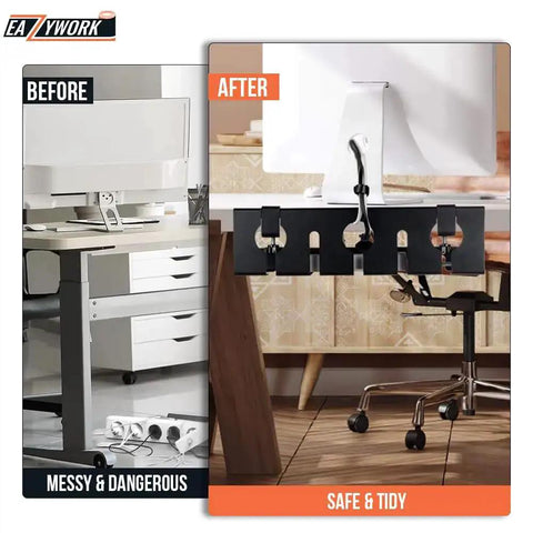 Before and after comparison of Two Pack 15.75 Inch Under Desk Cable Management Tray Set installation, showing cluttered vs. organized desk cables.