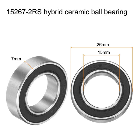 Two 15x26x7 mm hybrid ceramic deep groove ball bearings with Si3N4 balls and steel rings; double sealed 2RS.