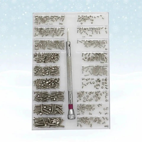 Miniature Screw Kit Set With Silver Tiny Screws For Eyeglasses, Sunglasses And Watches, organized storage case, screwdriver.