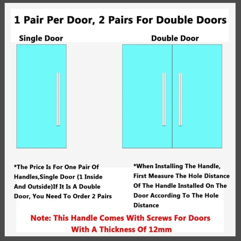 Diagram showing stainless steel sliding door handle for glass and shower doors on single and double doors, includes installation notes.