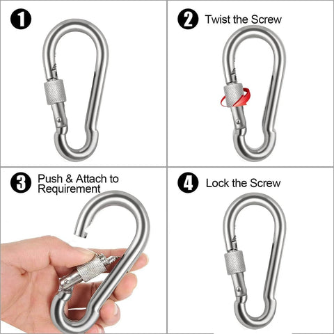 12 Pack Locking Carabiner Clips Tough As Nails Two Point Three Six Inch Heavy Duty Stainless Steel 304 Thumb Screw Gate Snap Hooks usage demonstration