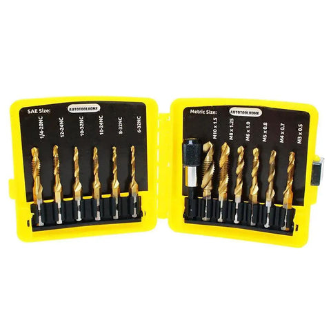 Titanium-Coated Combination Drill Tap Bit Set, 13 Piece SAE and Metric Kit for Quick Threading in yellow case, open view