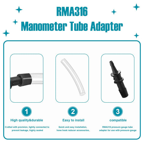 RMA316 Manometer Tube Adapter set, 2 pieces; includes clear tubing and black adapter for manometer fittings