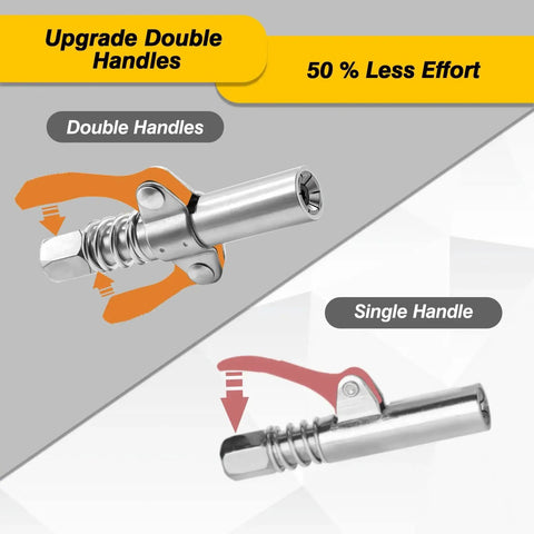 Grease Gun Coupler With Double Handle Quick Lock Release, Six Jaw Design For A Beefy No Slip Seal, Zinc Coated, Comparison