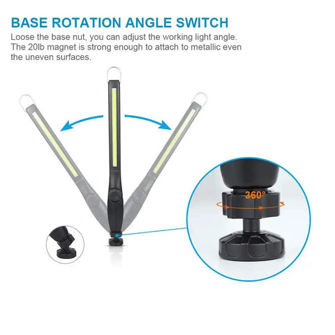 Base rotation angle switch of Bright 800 Lumen LED Work Light With Magnetic Base Rechargeable 3300mAh Battery COB Floodlight