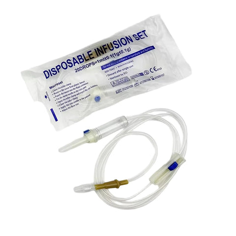 Disposable IV infusion set with tubing and sterile packaging; clear tubing and blue connector, 12 pcs