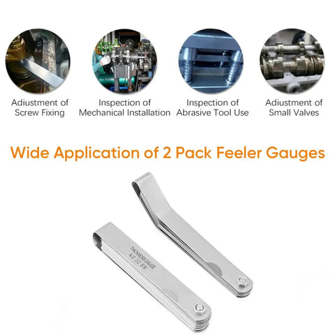 Two Piece Feeler Gauge Set With 32 Blade Main Gauge And 16 Blade Offset Gauge Dual Marked SAE And Metric Sizes For Precise Mechanical Clearance Measurements Made From 65 Manganese Steel For Tough Wear Resistance And Elasticity, shown in applications like screw fixing and valve adjustment.