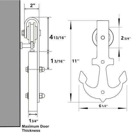 Diagram of Black Rustic Non Bypass Sliding Barn Door Hardware Kit For One Door 6 Foot Flat Track With Anchor Design Rollers