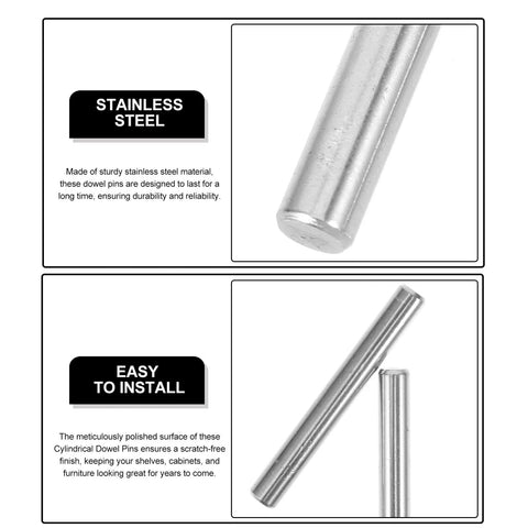 Industrial Grade 304 Stainless Steel Dowel Pins 5x40mm Cylindrical Locating Pins For Machinery Shelf Support Wood Shelving Built To Last Smooth Finish Corrosion Resistant 100 Pack, shown close-up and side view in metal finish