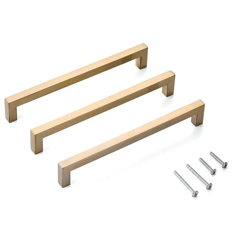 10 Pack 8 Inch Hole Center Champagne Cabinet Pulls in Stainless Steel square drawer handles with screws on white background