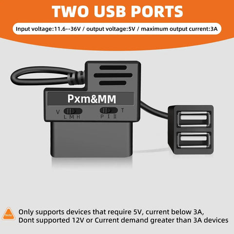 Dash Cam Constant Power Cable With OBD II Adapter, Dual USB Car Charger showing two USB ports and input voltage details