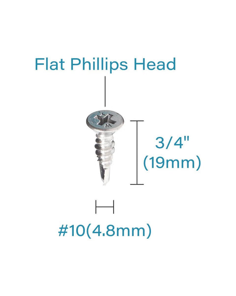 Image of one Self Drilling Tek Screws Number Ten By Three Quarters Inch 410 Stainless Steel Flat Head Phillips Sheet Metal Fasteners.