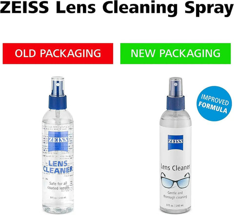 Comparison of old and new packaging for ZEISS Lens Cleaning Spray, showing the improved formula and design updates.