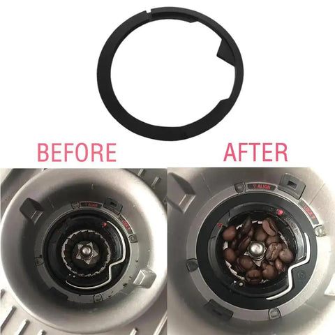 Upper Burr Gasket Silicone Seal And Two Felt Washers Replacement Kit For Barista Express Pro Barista Touch And Smart Grinder Pro Coffee Machines BES870XL BES875 BES876 BES878 BES880 Easy Install No Tools Needed Plug And Play showing before and after installation in burr chamber.